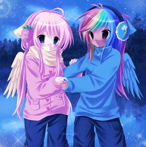 Flutterdash fluttershy rainbowdash mlp 2000s anime fanart moe art Anime Style Clothes, Rainbow Dash Human, Fluttershy Rainbow Dash, Folded Wings, 2000s Art, My Lil Pony, Mlp Fan Art, Old Anime, Mlp My Little Pony