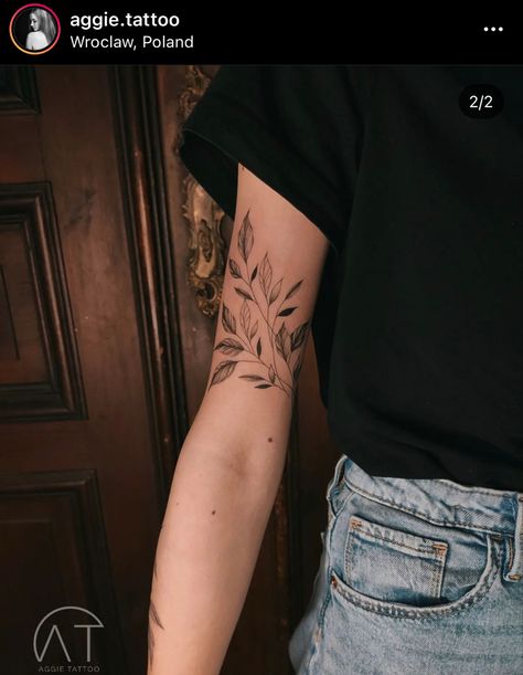 Upper Arm Leaves Tattoo, Womens Bicep Tattoo Half Sleeves, Front Of Bicep Tattoo Women, Bicep Floral Tattoo, Back Of Bicep Tattoo Women, Back Of Forearm Tattoos For Women, Elbow Flower Tattoos, Arm Wrap Tattoos For Women, Upper Inner Arm Tattoo