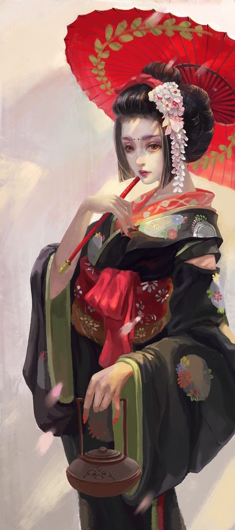 ArtStation - geisha, Tea Me Geisha Tattoo, Anime Kimono, Geisha Art, Japanese Geisha, Samurai Art, Concept Art Character, Korean Art, Japan Art, Girls Cartoon Art