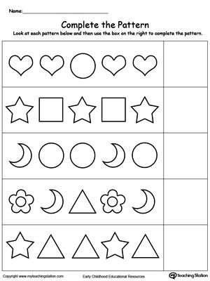 Complete The Pattern: Your child will learn to recognize and complete patterns by identifying next picture, color, size and shape in this printable worksheet. Complete The Pattern Worksheet Grade 1, Picture Patterns Worksheets, What Comes Next Worksheets Preschool, Pattern Maths Worksheet, Patterns For Kindergarten Free Printable, What Comes Next Pattern Worksheet, Pattern Worksheet For Grade 1, What Comes Next Worksheets, Preschool Pattern Worksheets