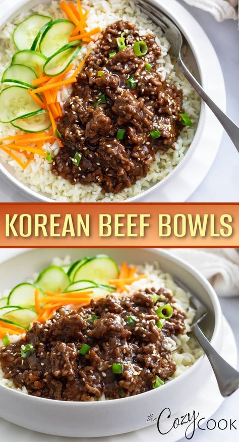 These Korean Beef Bowls are a 30-minute meal made with ground beef in a flavorful sauce! It's the BEST dinner to serve with rice, cauliflower rice, in lettuce wraps, and more! Spicy Korean Beef Bowl, Mongolian Beef Bowl, Korean Bbq Beef Bowl, Ground Beef Recipes For One Person, Taco Bowls Ground Beef, Wagyu Ground Beef Recipes, Ground Chicken Bowls, Korean Ground Beef Bowl, Rice Bowl Recipes