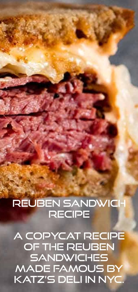 Reuben Sandwich ~ A copycat recipe of the Reuben Sandwiches made famous by Katz’s Deli in NYC. Ruben Sandwich Recipe Best, Slow Cooker Reuben Sandwich, Pastrami Sandwich Sauce, Pastrami Reuben Sandwich, Reuben Dressing Recipe, Katz Deli Pastrami Recipe, Reuben Sandwich Sauce, Famous Restaurant Recipes, Tender Corned Beef