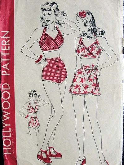 Vintage Bathing Suit Patterns, 1940s Hollywood, Wrap Skirt Pattern, Short Wrap Skirt, Patron Vintage, Fashion 1940s, Vintage Bathing Suits, Suit Pattern, Vintage Dress Patterns