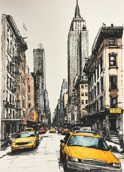 New York Cityscape Drawing, New York City Drawing Sketches, Urban Sketching Pen, City Art Drawing, Easy Architecture Sketch, Nyc Sketch, New York City Scape, City Skyline Drawing, New York City Drawing