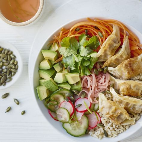 Rice Buddha Bowl, Sesame Tuna, Gyoza Recipe, Crunchy Asian Salad, Eat Beautiful, Ramen Broth, Tenderstem Broccoli, Low Carb Salad, Asian Salad