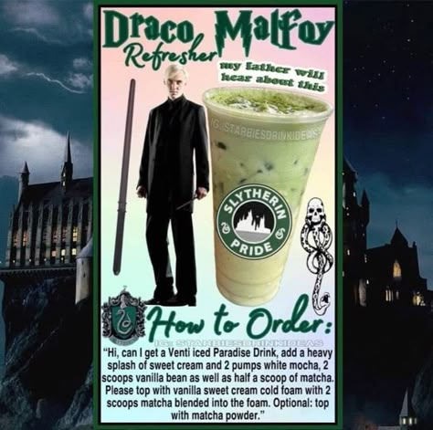 Draco Malfoy Starbucks Drink, Starbucks Drinks Harry Potter, Harry Potter Coffee Drinks, Harry Potter Starbucks Drink, Disney Starbucks Drinks, Movie Drinks, Frappuccino Recipes, Starbucks Halloween Drinks, Harry Potter Coffee