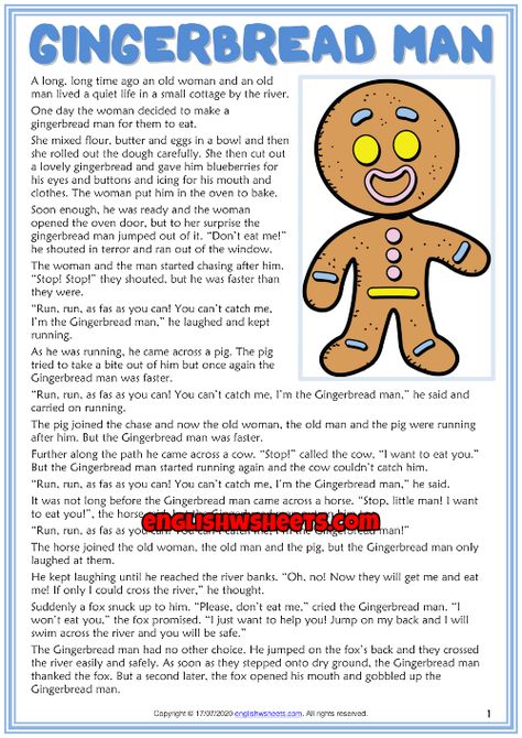 Gingerbread Man ESL Reading Text Worksheet For Kids The Gingerbread Man Story Free Printable, The Gingerbread Man Story, Gingerbread Man Story Printable, Reading Comprehension Grade 1, Gingerbread Man Story, English Poems For Kids, Stories With Moral Lessons, Esl Reading, English Stories For Kids