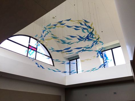 Large Custom Hanging Mobile for Cincinnati Hospital — Ekko Mobiles — Large Custom Hanging Mobiles, Kinetic Art, and Ceiling Sculptures for Home, Business, and Public Spaces Ceiling Art Installation, Mobile Sculpture, Basement Reno, Ceiling Art, Water Projects, Diy Ceiling, Mobile Art, Kinetic Art, Ceiling Installation