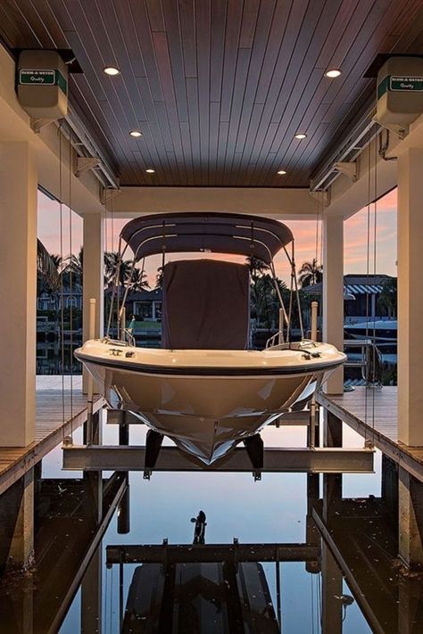 House With Boat Dock, Boat Dock Ceiling, Luxury Boat Dock, Luxury Boat House, Beach House With Boat Dock, Boat Dock Lighting Ideas, Boat Docks Ideas Design, Dock House Ideas, Boat Dock Decorating Ideas