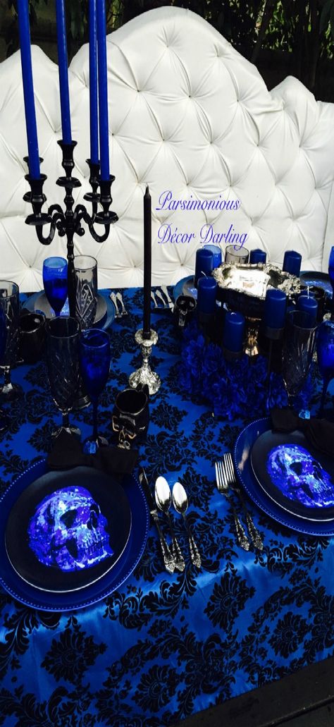 Black And Blue Gothic Wedding, Black And Blue Sweet 16 Party Ideas, Royal Blue Black And Silver Wedding, Royal Blue And Black Wedding Decorations, Black And Dark Blue Wedding, Blue And Black Wedding Ideas, Blue Goth Wedding, Blue And Black Wedding Decor, Black And Blue Birthday Decorations