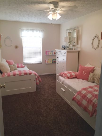 Two Day beds one room. Sherwin Williams Steamed Milk Room Ideas 2 Twin Beds, Beds For Shared Room, Room Decor Bedroom Shared, Two Bed One Room Ideas, Room Ideas For 2 Sisters Small Room, Small Room Decor For Two Sisters, Small Room Ideas 2 Beds, Room Layout Bedroom 2 Beds, 2 Beds One Room Ideas