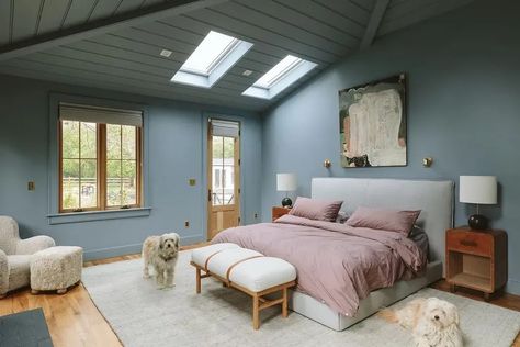 Sherwin Williams Debonair cozy bedroom paint review Sherwin Williams Debonair, Room Darkening Shades, Bedroom Blue, Blue Paint Colors, Cozy Chair, Emily Henderson, Bedroom Paint, New Beds, Blue Bedroom