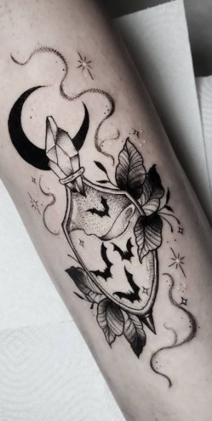 Tattoo Me, Crystal Tattoo, Goth Tattoo, Bottle Tattoo, Witch Tattoo, Magic Tattoo, Theme Tattoo, Creepy Tattoos, Spooky Tattoos