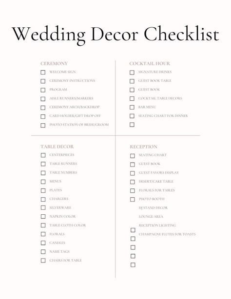 Wedding Decor Checklist - Etsy Canada Wedding Detail Checklist, Wedding Day Signage Checklist, Wedding Set Up Checklist, Wedding Decorations List, Outdoor Wedding Checklist, Wedding Decoration List, Wedding Decorations Checklist, Wedding Sign Checklist, Wedding Decor Checklist Detailed