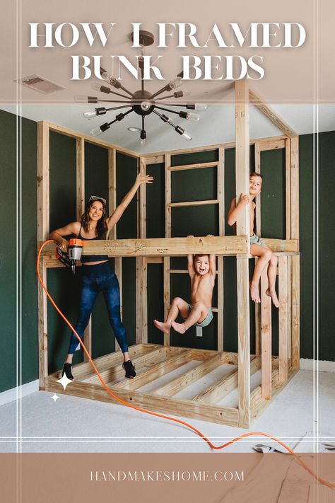 Framing the Bunk room Quad Bedroom Ideas, Diy Bunk Room Plans, Teenager Bunk Bed Ideas, Bunk Bed Playroom, Built In Bunk Beds Slanted Ceiling, Camp Bunk Room, Game Room With Bunk Beds, Bunk Room Built In, Cabin Bunk Room Ideas