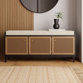 Furniture For Entrance Hall, Modern Hallway Storage, Rattan Shoe Storage, Cabinet With Seating, Hallway Bench With Storage, Hallway Furniture Ideas, Shoe Storage Modern, Hallway Storage Ideas, Modern Storage Bench