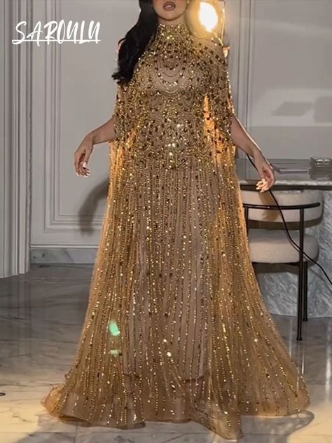 Arabian Nights Prom Dress, Golden Evening Gown, Met Gala Gowns, Crochet Prom Dresses, Engagement Vibes, High Neck Evening Dress, Gold Shimmer Dress, Gold Beaded Dress, Prom Gold