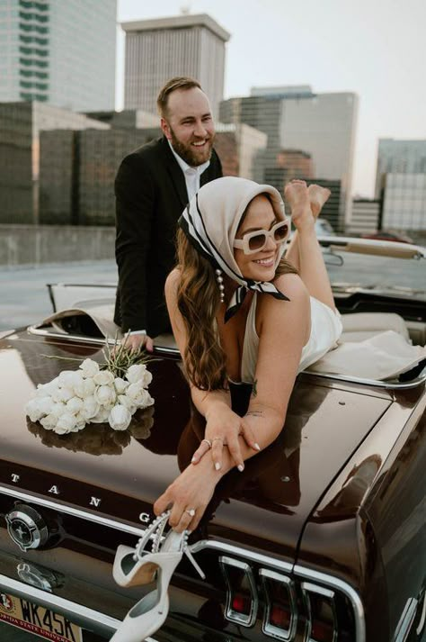 60s Inspired Engagement Photos, White Dress Heels, Glam Engagement Photos, Old Hollywood Engagement Photos, Silky White Dress, Vintage Car Engagement Photos, Vintage Engagement Photoshoot, Car Engagement Photos, Bridal Era