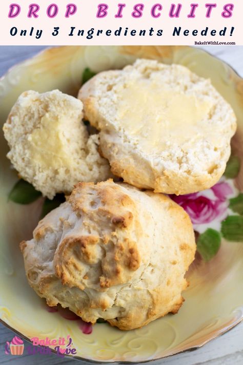 Easy, tasty 3 ingredient drop biscuits baked to golden perfection on served with butter. Self Rising Flour Biscuits, Dumplings For Stew, Bisquick Drop Biscuits, 3 Ingredient Scones, Buttermilk Drop Biscuits, Quick Biscuits, Drop Dumplings, Drop Biscuits Recipe, Flour Biscuits