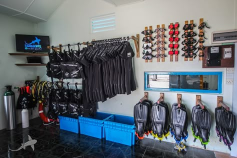 Diving Equipment Storage, Scuba Diving Equipment Storage, Dive Shop Design, Wetsuit Storage, Scuba Storage, Skydiving Equipment, Foil Storage, Equipment Room, Scuba Shop