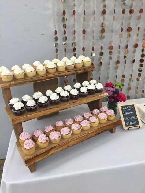 College Graduation Decorations, Rustic Cupcake Stands, Graduation Party Desserts, Toddler Tower, Rustic Cupcakes, Cupcake Display Stand, Graduation Open House, Wedding Stand, Graduation Open Houses