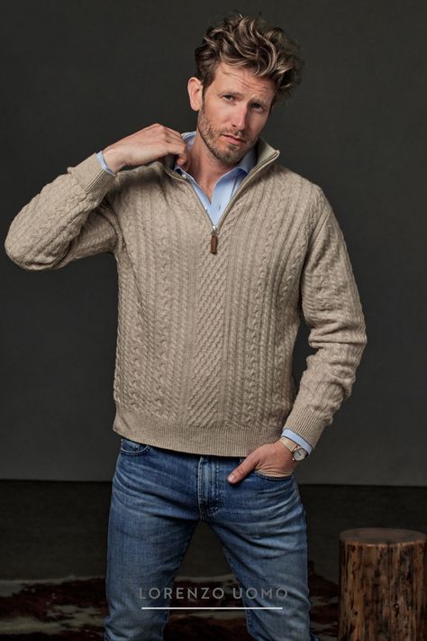 Proudly introducing our super-luxurious Aalborg Cable Knit Quarter Zip. Crafted from 4-Plies of our signature Cashmere/Ultrafine Merino blend yarn, this heirloom piece makes for a strong and elevated cashmere statement. Featuring an aran-style cable pattern, replete with artisanal details throughout. Tan Cashmere Sweater Outfit, Turtleneck Hoodie, Perfect White Shirt, Yarn Twist, Unique Sweater, Elevated Casual, Aran Sweater, Unique Sweaters, Hoodie Cardigan