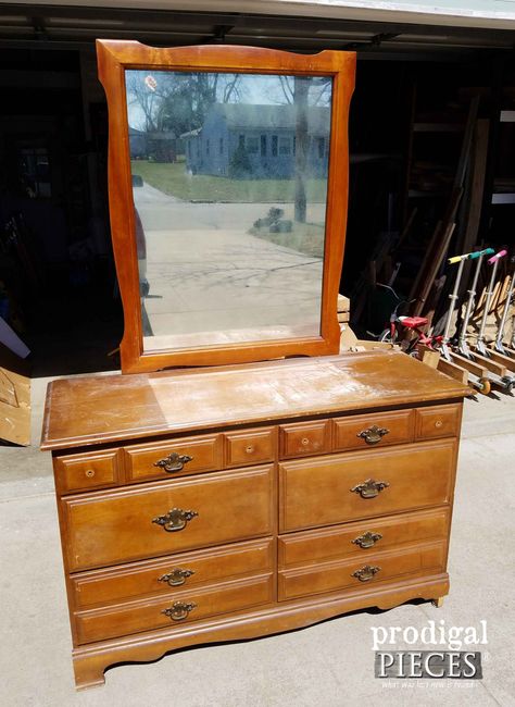 Vintage Dresser Before Updating | Prodigal Pieces | prodigalpieces.com Refinished Dresser With Mirror, Colonial Dresser Makeover, Refinish Old Dresser, Dresser And Mirror Makeover, Mirror Dresser Makeover, Long Dresser Makeover, Maple Dresser Makeover, Dresser With Mirror Makeover, Bedroom Furniture Makeover Ideas