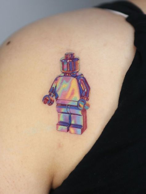 Lego Figure Tattoo, Realism Tattoo Sleeve Women, Lego Tattoo Ideas, Chrome Tattoo, Figure Tattoo, Lego Tattoo, Small Colorful Tattoos, Cute Lego, Our Mindful Life