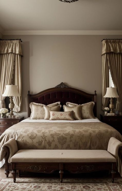 Create a charming European bedroom aesthetic by incorporating vintage elements like a distressed wooden bed frame and ornate mirrors. Add touches of elegance with velvet curtains and an intricately patterned area rug for a truly romantic and cozy atmosphere. Vintage Bed Frame Wooden, European Bedroom Decor, European Bedroom Aesthetic, Bed Frame Wooden, Classic Bedroom Furniture, Ornate Mirrors, European Bedroom, Vintage Bed Frame, Earthy Bedroom