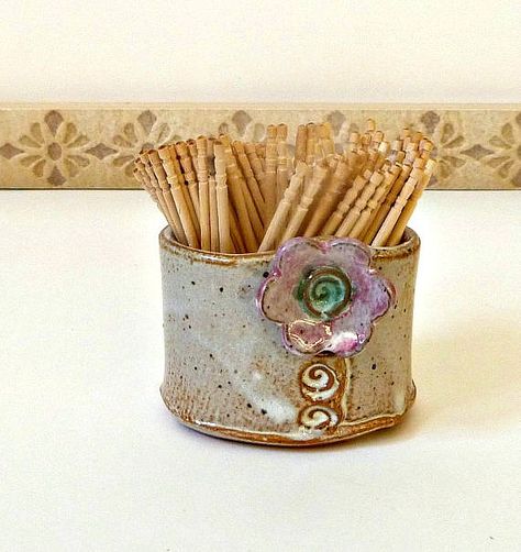 Toothpick holder or Cotton swab holder by flyingpignc on Etsy Wall Pots, Cotton Swab Holder, Straw Holder, Pottery Tableware, Tooth Pick, Slab Pottery, Ceramic Cat, Toothpick Holder, Cotton Swabs