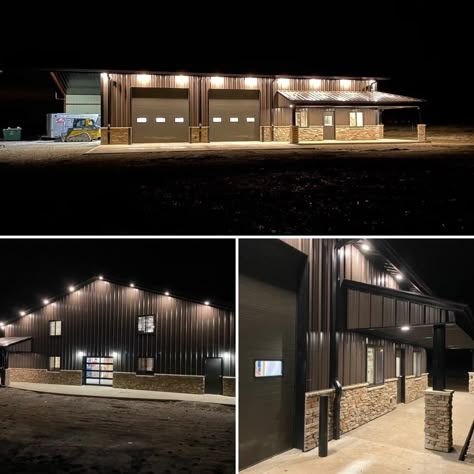 Barndominium Outdoor Lighting, Commercial Metal Building, 60x80 Shop, Farm Shop Buildings, Pole Barn Lighting, Shop Building Ideas, Pole Barn Shop, Morton Building Homes, Metal Shop Building