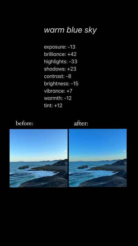 Ocean Photo Edit, Iphone Editing Pictures Summer, How To Edit Sky Photos, Summer Aesthetic Edit, Beach Photo Edit Iphone, Beach Edit Iphone, Beach Filter Iphone, Sky Edit Iphone, Photo Edits Iphone