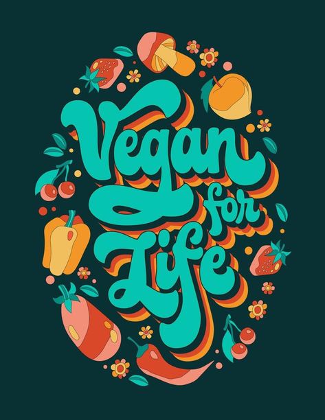 Vegan for life - colorful lettering design with 70s script style phrase surrounded by funky vegetables and leaves. Isolated vector typography. Vegan, vegetarian, healthy lifestyle creative banner Vegan Graphic Design, Typography Reference, 70s Typography, Funky Typography, Funky Aesthetic, Different Alphabets, Colorful Lettering, Vector Typography, Creative Banners