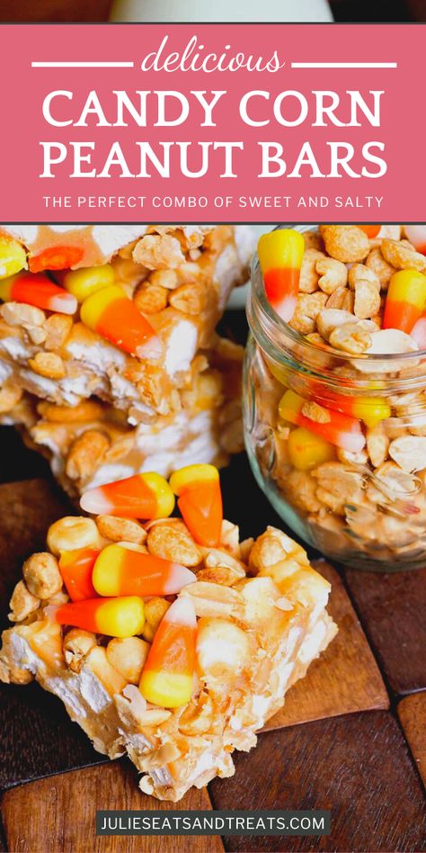 Experience pure bliss in each bite of these Candy Corn Peanut Bars! Loaded with marshmallows, candy corn, and peanuts, this dessert is the perfect combination of sweet and salty. What are you waiting for? Make a pan and enjoy it this Halloween! Pin this recipe for later! Mallow Bars, Cereal Treat Bars, Peanut Bars, Culinary Basics, Peanut Bar, Thanksgiving Sweet Treats, Sweet Condensed Milk, Milk Dessert, Farmers Market Recipes