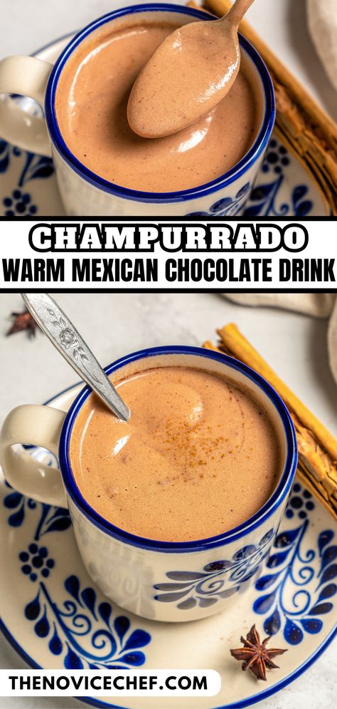 Thick, creamy, and ultra chocolatey, this Mexican champurrado recipe is a comforting sip on chilly days. Warmly spiced and served with your favorite sweet breads, it'll become your new go-to drink for fall and winter. All you have to do is simmer, blend, mix, and serve. Hot Mexican Drinks, Champurrado Recipe Easy, Best Horchata Recipe Mexican, Champorado Recipe Mexican, Champurrado Recipe Mexico Easy, Pumpkin Spice Horchata, Mexican Ponche Recipe, Breakfast Drinks Ideas, Mexican Fall Desserts