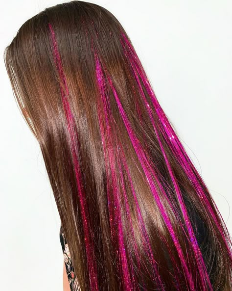 Pink Hair Tensil, Hot Pink Tinsel Hair, Brown Hair With Pink Tinsel, Tinsel Hair Pink, Pink Tinsel In Brown Hair, Pink Hair Tinsel Brunette, Black Hair With Tinsel, Hair Tinsel Black Hair, Pink Tinsel Hair