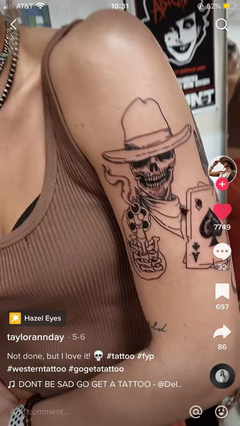 Western Doodle Tattoo, Punchy Western Tattoo Sleeve, Half Sleeve Western Tattoos For Women, Western Skeleton Tattoos For Women, Western Grunge Tattoo Sleeve, Large Western Tattoos, Hand Tattoos For Women Western, Western Female Tattoos, Barbwire Tattoo Womens