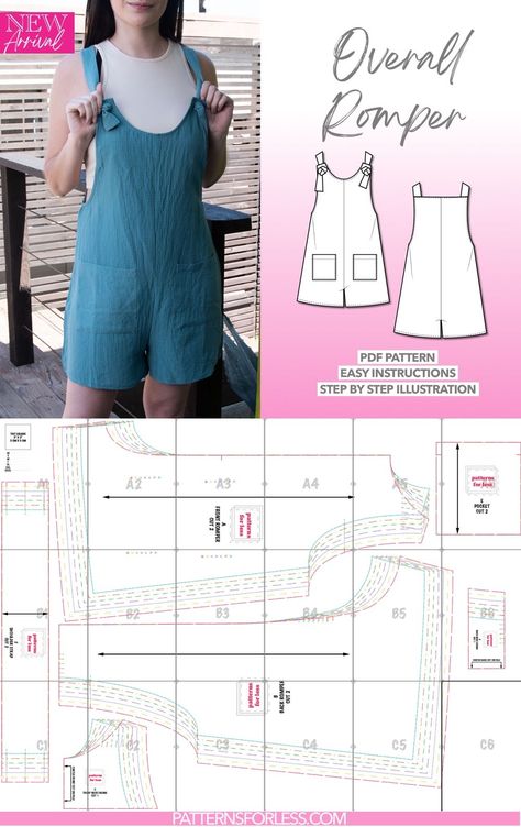 Overall Knot Straps Romper Sewing Pattern Overall Sewing Pattern Free, Sew Top Pattern Free, Sewing Overalls, Summer Top Sewing Pattern, Sewing Top Pattern, Homemade Wardrobe, Overalls Sewing Pattern, Patch Pocket Design, Diy Romper