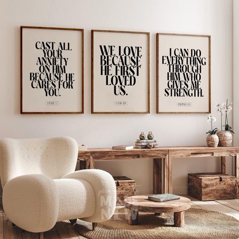 Christian wall art set with 3 framed prints featuring Philippians 4 scripture for home decor inspiration and Bible study. Single Female Home Decor, Styling Living Room With Sectional, Christian Home Interior Design, Bible Verse Gallery Wall, Modern Christian Home Decor, Faith Based Home Decor, Christian Wall Decor Living Room, Christian Wall Decor Ideas Bedroom, Subtle Christian Decor