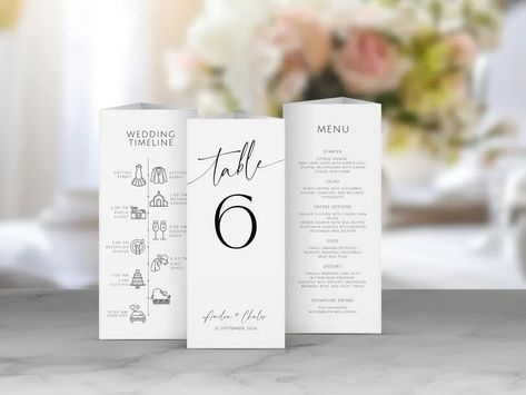 Canva Wedding Trifold. Modern Minimalist Three Sided Wedding Timeline Menu and Table Number. Editable Template. Triangle Table Stand. GRD - Etsy Canada Wedding Trifold Table, Wedding Table Menu Cards, Wedding Trifold, Triangle Table, Reception Desserts, Wedding Table Menus, Canva Wedding, Table Stand, Menu Card