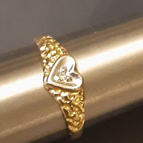 10k Yellow Gold Nugget Texture Side Gallery Ring With A White Gold Heart In The Middle And A Small Accent Diamond. Nwt Size 3 Smoke N Pet Free Home Kljc Gold Nugget Ring Women, Nugget Rings Gold, 70s Rings, Nugget Rings, Gold Nugget Jewelry, Gold Nugget Ring, Gold Butterfly Ring, Dope Jewelry Accessories, Bday Gifts