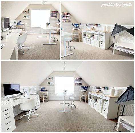 My Craft Room Tour | Pigskins & Pigtails Small Attic Craft Room, Craft Room With Slanted Ceiling, Above Garage Craft Room, Large Craft Room Layout, Attic Sewing Room, Office Hobby Room Ideas, Painters Craft Room, Slanted Ceiling Craft Room, Bonus Room Craft Room Ideas