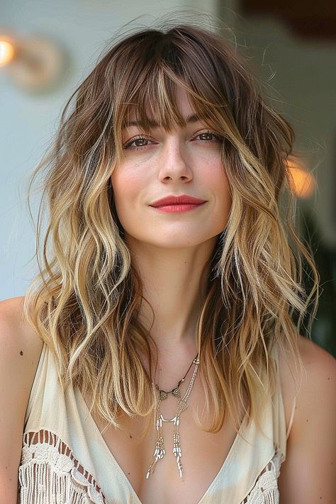 Best Haircuts and Hairstyles with Bangs in 2024 Bangs And Balayage, Best Curly Haircuts, Tousled Layers, Straight Across Bangs, Short Haircuts With Bangs, A Line Bob, Boho Waves, Fringe Bangs, Best Haircuts