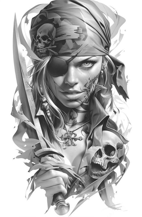 Pirate Lady Tattoo, Pirate Tattoo Sketch, Pirate Girl Tattoos, Skull Girl Tattoo, Mexican Art Tattoos, Pirate Tattoo, Girl Face Tattoo, Cool Tattoo Drawings, Realistic Tattoo Sleeve