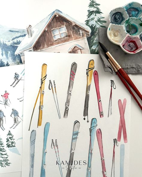 Ready to hit the slopes – right from your living room! My Ski & Snow Resort / Aprés Ski collection brings the charm of skiing straight into your home. Whether you’re a fan of winter sports or just love the aesthetic, these designs are made to evoke the magic of the season. swipe to see the watercolor paintings and final product. What’s your favorite winter sport? #SkiVibes #WinterHomeDecor #TextileDesign #SnowResortStyle #apresski #winterdeko #homedecor #winterhome #letsgoskiing #wintercollec... Skiing Watercolor Painting, Ski Watercolor, Snow Resort, Ski Gondola, Winter Elements, Sketchbook Inspo, Watercolor Winter, Calendar Ideas, Watercolor Ideas