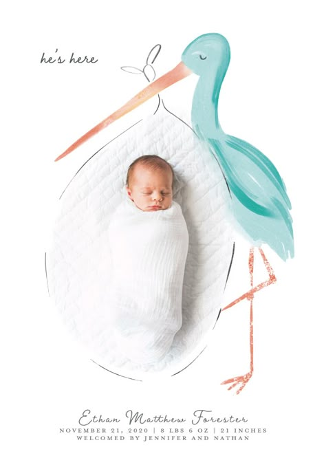 Birth Announcement Illustration, Baby Is Here Announcement, Baby Boy Birth Announcement Ideas, Stork Watercolor, Birth Announcement Card Illustration, Baby Boy Announcement Ideas, Baby Birth Announcement Ideas, Baby Boy Illustration, Birth Illustration