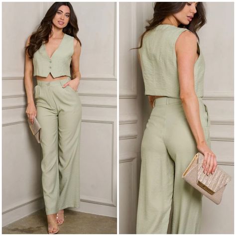 Vest And Pants Set Women, Sage Green Vest Outfit, Parlour Photoshoot, Wedding Guest Pants Outfit, Sage Green Outfit Ideas, Sage Green Outfits, Sage Green Fashion, Garden Attire, Sage Green Jumpsuit