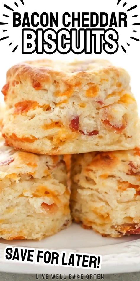 Live Well Bake Often's bacon cheddar biscuits are a delightful blend of buttery, flaky goodness filled with savory cheddar cheese and crispy bacon. Whether it's breakfast, brunch, or dinner, these biscuits are a perfect choice! Prepare to be amazed as they practically melt in your mouth. The irresistible combination of bacon and cheese gives these biscuits a flavor that's simply unbeatable. Don't hesitate to give them a try today! Cheddar Bacon Biscuits, Bacon Cheddar Biscuits, Savory Breakfast Muffins, Flaky Buttermilk Biscuits, Bacon Biscuits, Lush Desserts, Bread Biscuits, Homemade Biscuits Recipe, Fluffy Biscuits