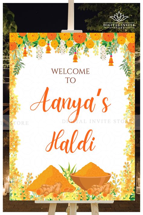 Printing & Personalising your own Welcome Wedding Signs or Punjabi Wedding welcome sign Indian template instant download has been made a super easy process by us specially for busy brides that save the valuable wedding-prep time while still giving you the complete Hindu Wedding welcome template & stationery of your dreams for your Wedding Entry Sign!

You can print your Haldi decor Sign Board or Indian Haldi Welcome Signage décor where ever you choose! Haldi Sign Board, Haldi Illustration, Sangeet Signage, Haldi Board, Indian Haldi Decor, Haldi Welcome Board, Haldi Decorations, Mehendi Party, Unique Wedding Signs