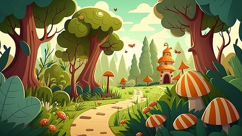 Walking Through Forest Illustration, Trees Illustration Art, Whimsical Forest Illustration, Enchanted Forest Cartoon, Mushroom Forest Illustration, Cartoon Background Forest, Jungle Illustration Background, Big Tree Illustration, Forest Illustration Kids